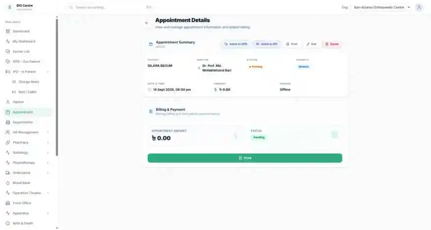 Appointment billing and payment panel showing appointment amount, source and a print action.
