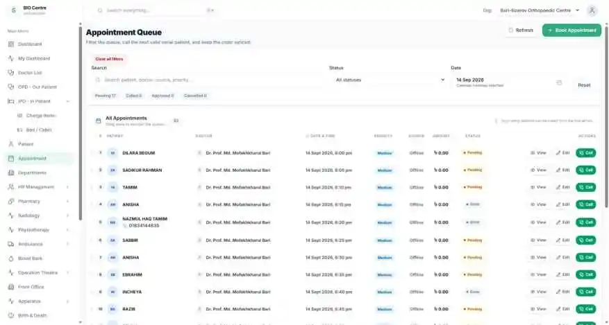 Appointment queue with pending, called and approved counters and a searchable appointment table.