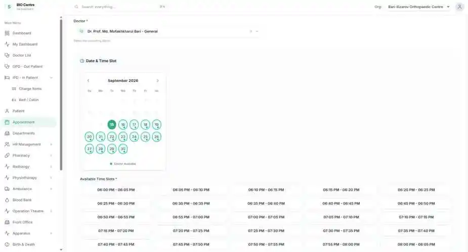 Date and time slot picker showing doctor availability windows and available time slots.