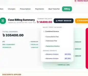 Case billing summary showing current balance, total charges and print categories for combined, consultation and apparatus invoices.