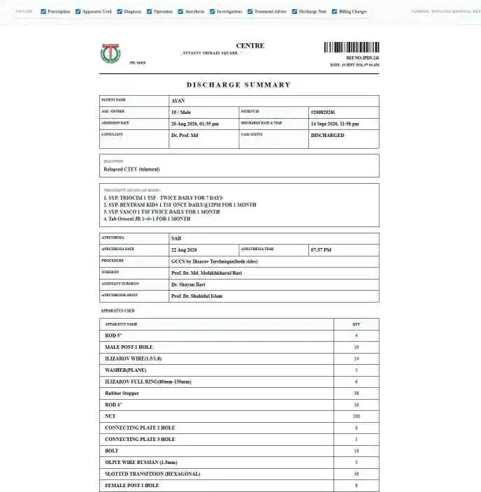 Discharge summary composer with include toggles for prescription, diagnosis, operation, investigations and billing charges.