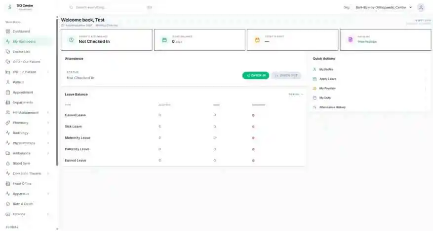 Employee self-service dashboard showing today's attendance, leave balance, shift and payslips with quick actions.