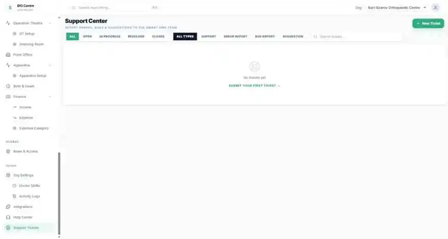 Support centre with open, in-progress and resolved ticket tabs, ticket categories and a submit-first-ticket empty state.
